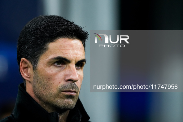 Mikel Arteta Head Coach of Arsenal looks on during the UEFA Champions League 2024/25 League Phase MD4 match between FC Internazionale and Ar...