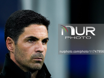 Mikel Arteta Head Coach of Arsenal looks on during the UEFA Champions League 2024/25 League Phase MD4 match between FC Internazionale and Ar...