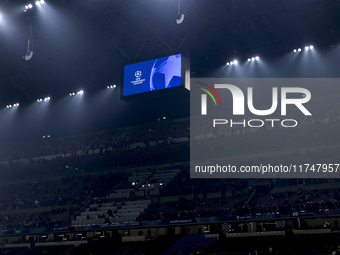 The UEFA Champions League logo is seen at Giuseppe Meazza Stadium prior to the UEFA Champions League 2024/25 match between FC Internazionale...