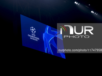 The UEFA Champions League logo is seen at Giuseppe Meazza Stadium prior to the UEFA Champions League 2024/25 match between FC Internazionale...