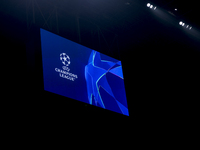 The UEFA Champions League logo is seen at Giuseppe Meazza Stadium prior to the UEFA Champions League 2024/25 match between FC Internazionale...