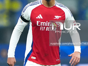 William Saliba of Arsenal looks on during the UEFA Champions League 2024/25 League Phase MD4 match between FC Internazionale and Arsenal at...