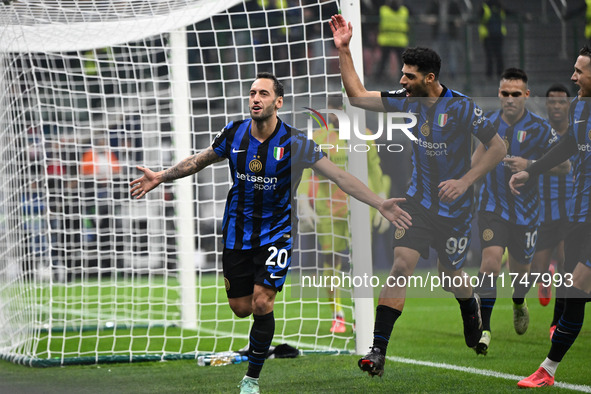 Marcus Thuram of FC Inter celebrates after a penalty during the UEFA Champions League stage match Phase MD4 between Inter FC Internazionale...