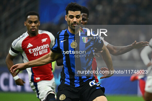 Mehdi Taremi of F.C. Inter is in action during the UEFA Champions League 2024/25 League Phase MD4 match between F.C. Inter and Arsenal F.C....