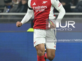 William Saliba of Arsenal F.C. is in action during the UEFA Champions League 2024/25 League Phase MD4 match between F.C. Inter and Arsenal F...