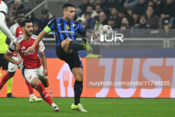 Lautaro Martinez of F.C. Inter is in action during the UEFA Champions League 2024/25 League Phase MD4 match between F.C. Inter and Arsenal F...