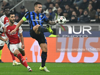 Lautaro Martinez of F.C. Inter is in action during the UEFA Champions League 2024/25 League Phase MD4 match between F.C. Inter and Arsenal F...