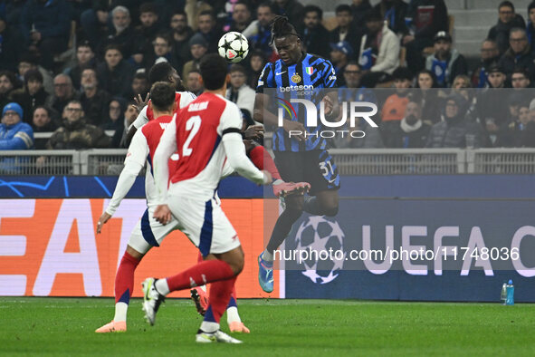 Yann Aurel Bisseck of F.C. Inter is in action during the UEFA Champions League 2024/25 League Phase MD4 match between F.C. Inter and Arsenal...