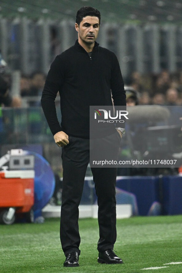 Mikel Arteta of Arsenal F.C. is present during the UEFA Champions League 2024/25 League Phase MD4 match between F.C. Inter and Arsenal F.C....