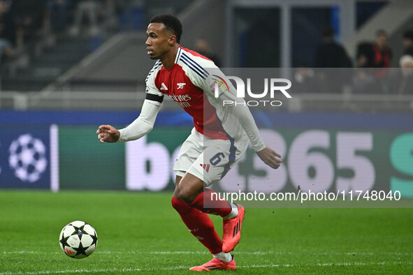 Gabriel of Arsenal F.C. is in action during the UEFA Champions League 2024/25 League Phase MD4 match between F.C. Inter and Arsenal F.C. at...