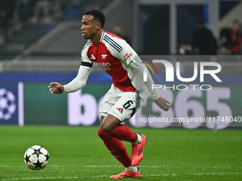 Gabriel of Arsenal F.C. is in action during the UEFA Champions League 2024/25 League Phase MD4 match between F.C. Inter and Arsenal F.C. at...