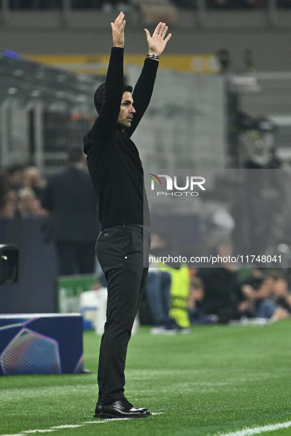 Mikel Arteta of Arsenal F.C. is present during the UEFA Champions League 2024/25 League Phase MD4 match between F.C. Inter and Arsenal F.C....