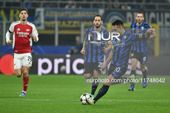 Lautaro Martinez of F.C. Inter plays in the League Phase MD4 match between F.C. Inter and Arsenal F.C. at San Siro Stadium in Milan, Italy,...