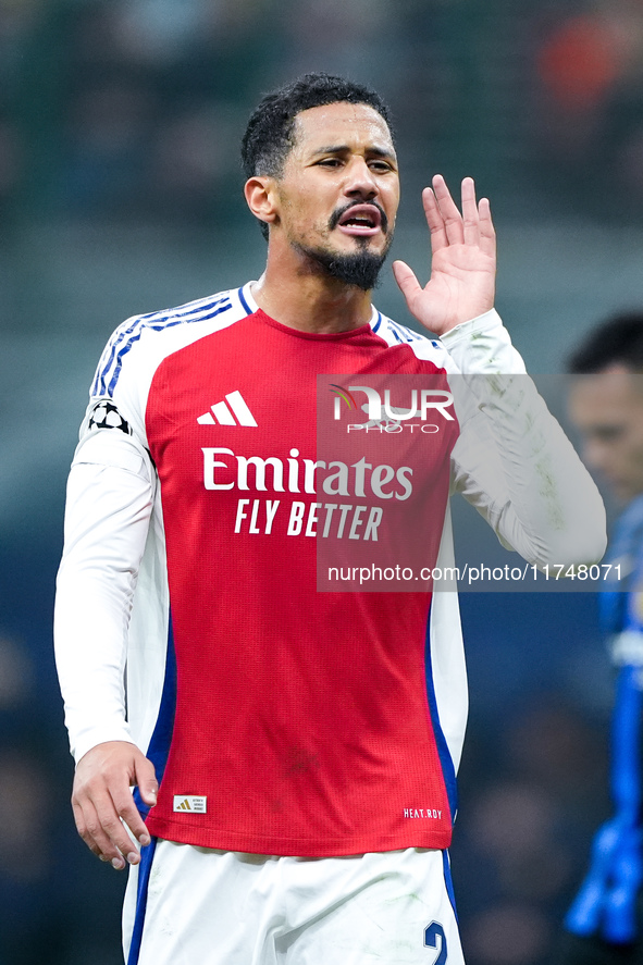 William Saliba of Arsenal gestures during the UEFA Champions League 2024/25 League Phase MD4 match between FC Internazionale and Arsenal at...