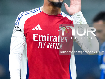 William Saliba of Arsenal gestures during the UEFA Champions League 2024/25 League Phase MD4 match between FC Internazionale and Arsenal at...