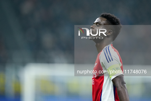 Bukayo Saka of Arsenal looks on during the UEFA Champions League 2024/25 League Phase MD4 match between FC Internazionale and Arsenal at Sta...