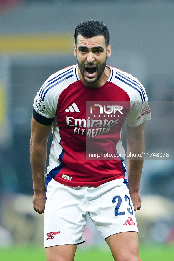 Mikel Merino of Arsenal yells during the UEFA Champions League 2024/25 League Phase MD4 match between FC Internazionale and Arsenal at Stadi...