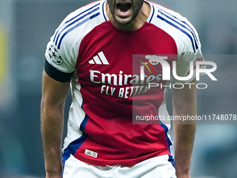 Mikel Merino of Arsenal yells during the UEFA Champions League 2024/25 League Phase MD4 match between FC Internazionale and Arsenal at Stadi...