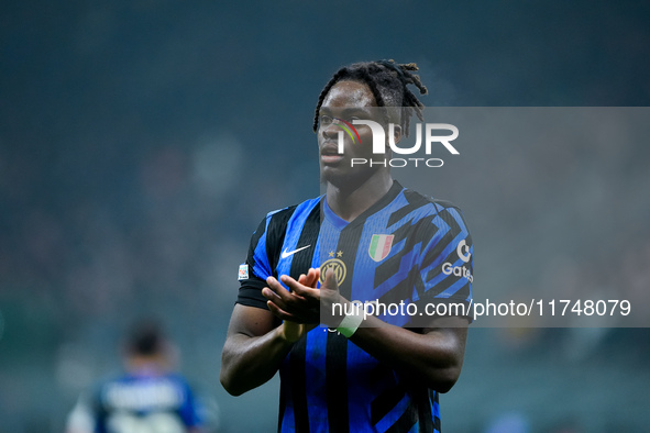 Yann Aurel Bisseck of FC Internazionale gestures during the UEFA Champions League 2024/25 League Phase MD4 match between FC Internazionale a...