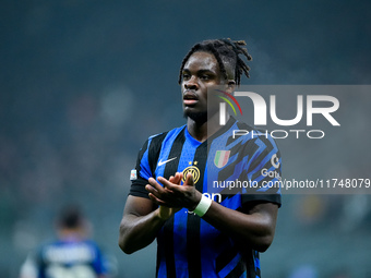 Yann Aurel Bisseck of FC Internazionale gestures during the UEFA Champions League 2024/25 League Phase MD4 match between FC Internazionale a...