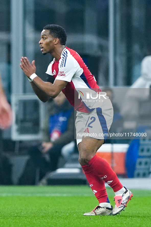 Jurrien Timber of Arsenal reacts during the UEFA Champions League 2024/25 League Phase MD4 match between FC Internazionale and Arsenal at St...