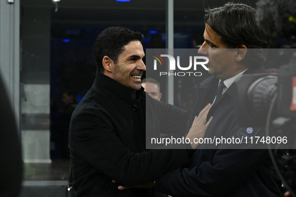 Mikel Arteta of Arsenal F.C. and Simone Inzaghi, coach of F.C. Inter, are present during the UEFA Champions League 2024/25 League Phase MD4...