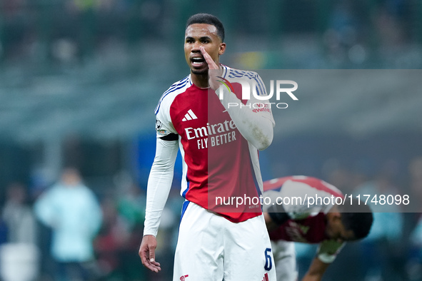 Gabriel of Arsenal yells during the UEFA Champions League 2024/25 League Phase MD4 match between FC Internazionale and Arsenal at Stadio San...