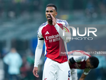 Gabriel of Arsenal yells during the UEFA Champions League 2024/25 League Phase MD4 match between FC Internazionale and Arsenal at Stadio San...