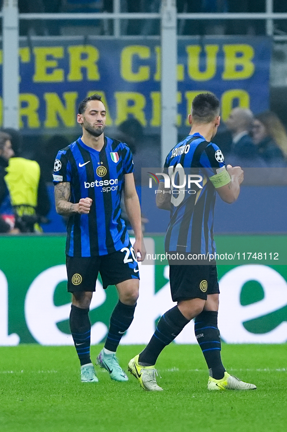 Hakan Calhanoglu of FC Internazionale celebrates after scoring first goal during the UEFA Champions League 2024/25 League Phase MD4 match be...