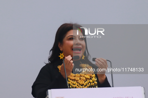 Clara Brugada, Head of Government of Mexico City, speaks during the Statement on the Strategy to Combat Illegal Logging in the border area b...