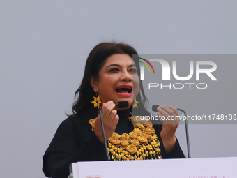 Clara Brugada, Head of Government of Mexico City, speaks during the Statement on the Strategy to Combat Illegal Logging in the border area b...