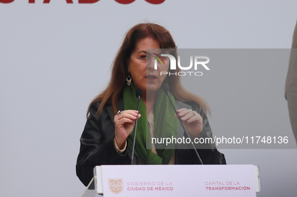 Margarita Gonzalez Saravia, Governor of Morelos, speaks during the Statement on the Strategy to Combat Illegal Logging in the border area be...