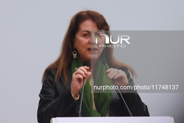 Margarita Gonzalez Saravia, Governor of Morelos, speaks during the Statement on the Strategy to Combat Illegal Logging in the border area be...