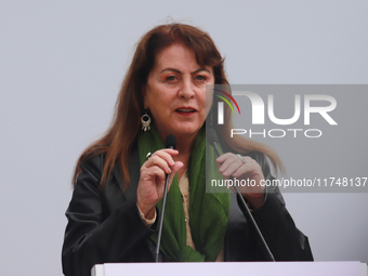 Margarita Gonzalez Saravia, Governor of Morelos, speaks during the Statement on the Strategy to Combat Illegal Logging in the border area be...