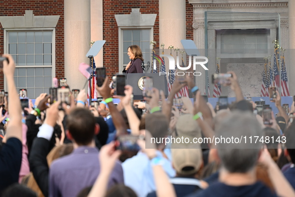 Vice President of the United States Kamala Harris delivers remarks in a concession speech at Howard University, conceding the 2024 president...