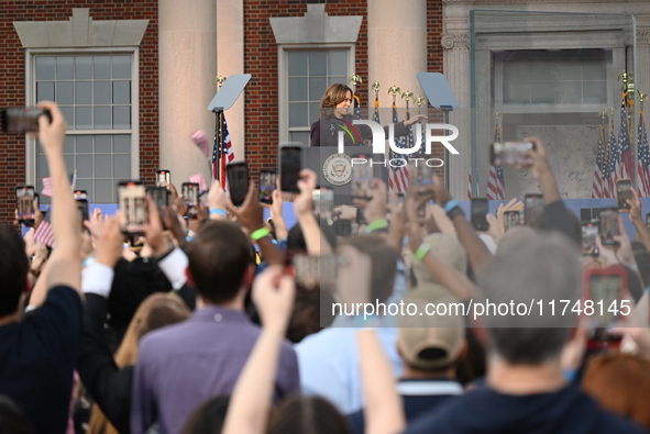 Vice President of the United States Kamala Harris delivers remarks in a concession speech at Howard University, conceding the 2024 president...