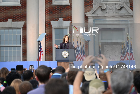 Vice President of the United States Kamala Harris delivers remarks in a concession speech at Howard University, conceding the 2024 president...