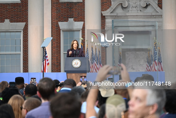 Vice President of the United States Kamala Harris delivers remarks in a concession speech at Howard University, conceding the 2024 president...