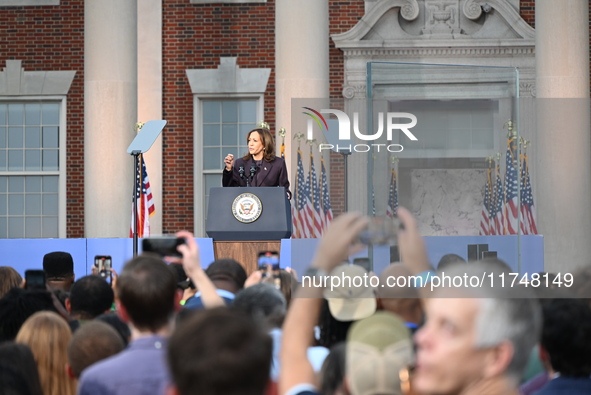 Vice President of the United States Kamala Harris delivers remarks in a concession speech at Howard University, conceding the 2024 president...