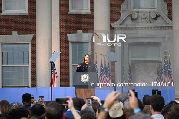 Vice President of the United States Kamala Harris delivers remarks in a concession speech at Howard University, conceding the 2024 president...