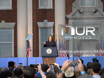 Vice President of the United States Kamala Harris delivers remarks in a concession speech at Howard University, conceding the 2024 president...