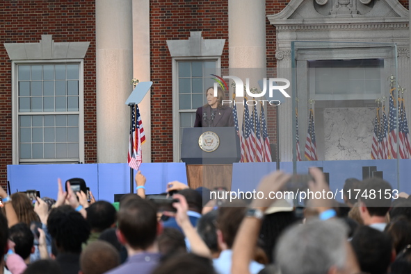 Vice President of the United States Kamala Harris delivers remarks in a concession speech at Howard University, conceding the 2024 president...