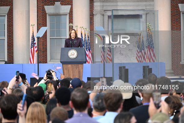 Vice President of the United States Kamala Harris delivers remarks in a concession speech at Howard University, conceding the 2024 president...