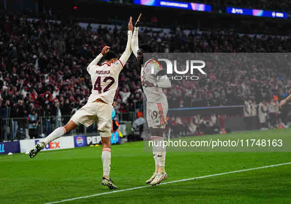 Jamal Musiala of Bayern Munich  celebrates the teams first goal during the Champions League Round 4 match between Bayern Munich v Benfica at...