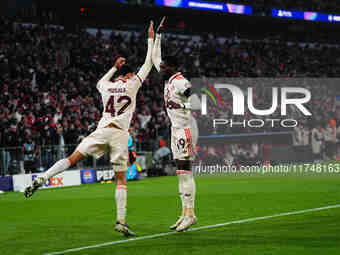 Jamal Musiala of Bayern Munich  celebrates the teams first goal during the Champions League Round 4 match between Bayern Munich v Benfica at...