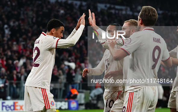 Jamal Musiala of Bayern Munich  celebrates the teams first goal during the Champions League Round 4 match between Bayern Munich v Benfica at...