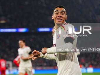 Jamal Musiala of Bayern Munich  celebrates the teams first goal during the Champions League Round 4 match between Bayern Munich v Benfica at...