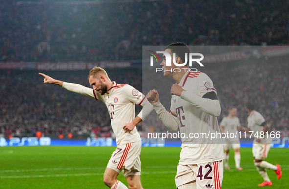 Jamal Musiala of Bayern Munich  celebrates the teams first goal during the Champions League Round 4 match between Bayern Munich v Benfica at...