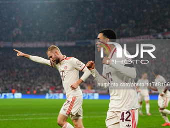 Jamal Musiala of Bayern Munich  celebrates the teams first goal during the Champions League Round 4 match between Bayern Munich v Benfica at...