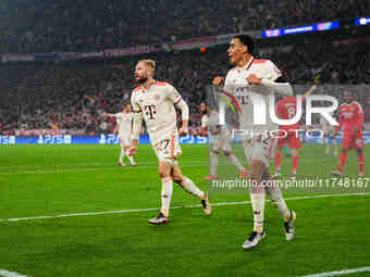 Jamal Musiala of Bayern Munich  celebrates the teams first goal during the Champions League Round 4 match between Bayern Munich v Benfica at...